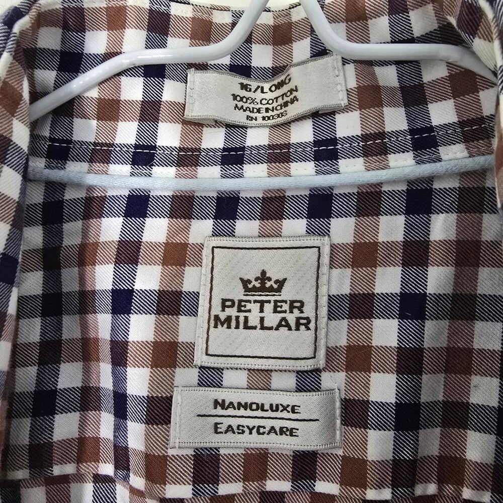 Peter Millar Check Button Shirt, Long Sleeve, Brown Navy Size /Long - Picture 5 of 6